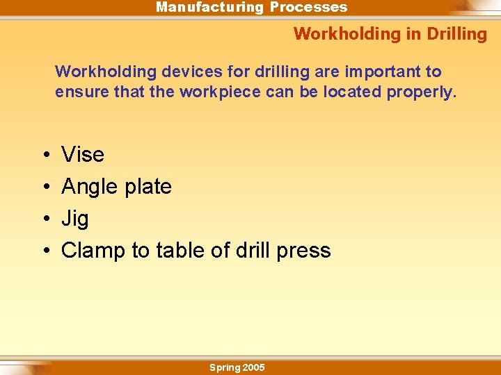 Manufacturing Processes Workholding in Drilling Workholding devices for drilling are important to ensure that