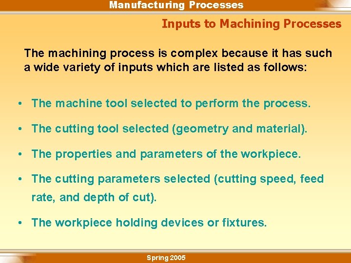 Manufacturing Processes Inputs to Machining Processes The machining process is complex because it has