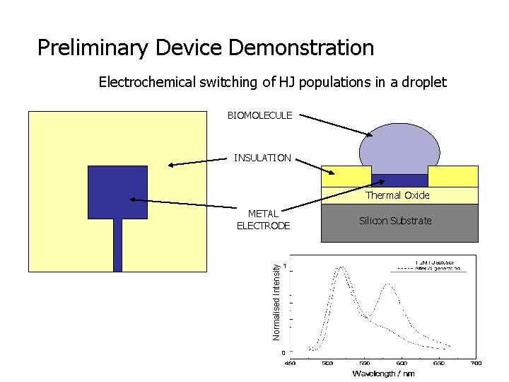 Preliminary Device Demonstration Electrochemical switching of HJ populations in a droplet BIOMOLECULE INSULATION Thermal