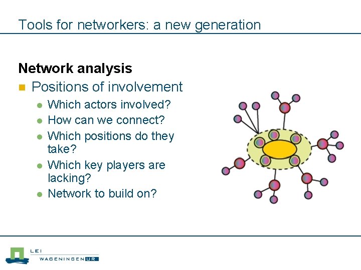 Tools for networkers: a new generation Network analysis n Positions of involvement l l