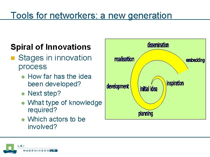Tools for networkers: a new generation Spiral of Innovations n Stages in innovation process