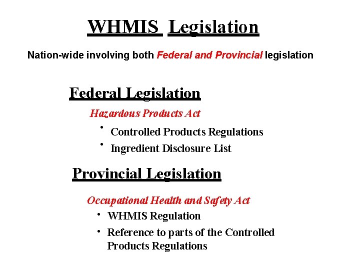 WHMIS Legislation Nation-wide involving both Federal and Provincial legislation Federal Legislation Hazardous Products Act