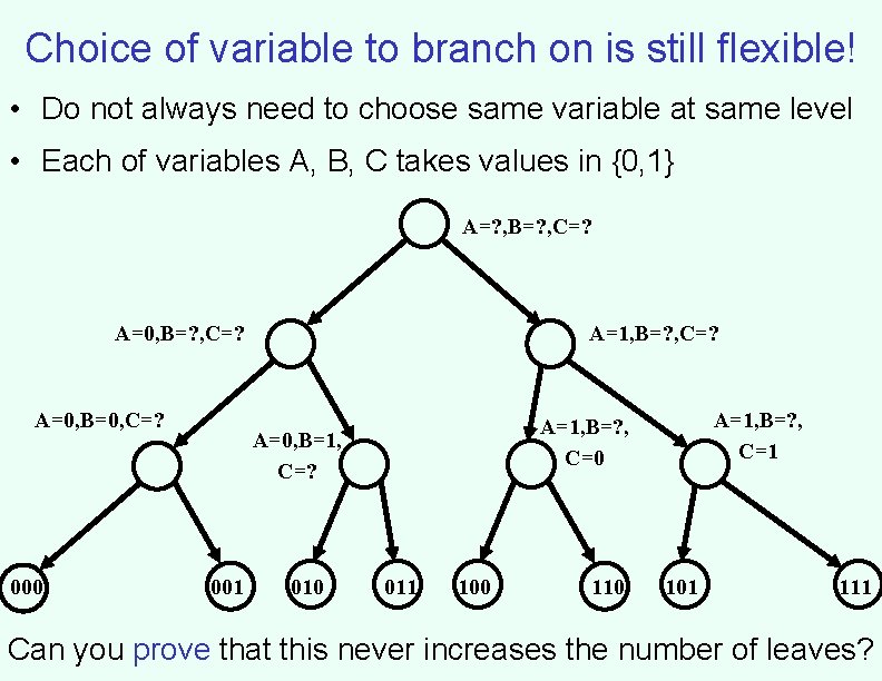 Choice of variable to branch on is still flexible! • Do not always need Choice of variable to branch on is still flexible! • Do not always need