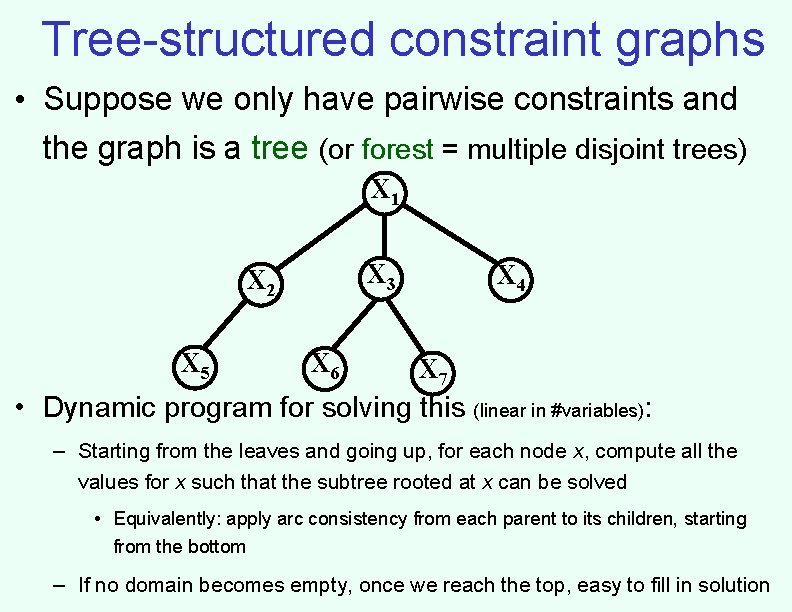 Tree-structured constraint graphs • Suppose we only have pairwise constraints and the graph is Tree-structured constraint graphs • Suppose we only have pairwise constraints and the graph is
