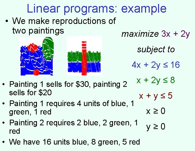 Linear programs: example • We make reproductions of two paintings maximize 3 x + Linear programs: example • We make reproductions of two paintings maximize 3 x +