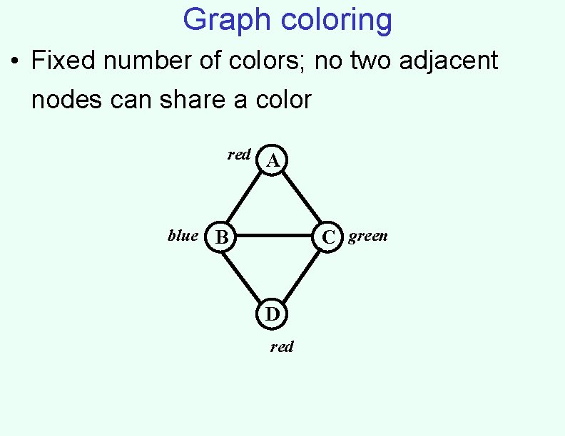 Graph coloring • Fixed number of colors; no two adjacent nodes can share a Graph coloring • Fixed number of colors; no two adjacent nodes can share a