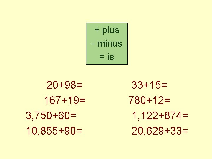 + plus - minus = is 20+98= 167+19= 3, 750+60= 10, 855+90= 33+15= 780+12=