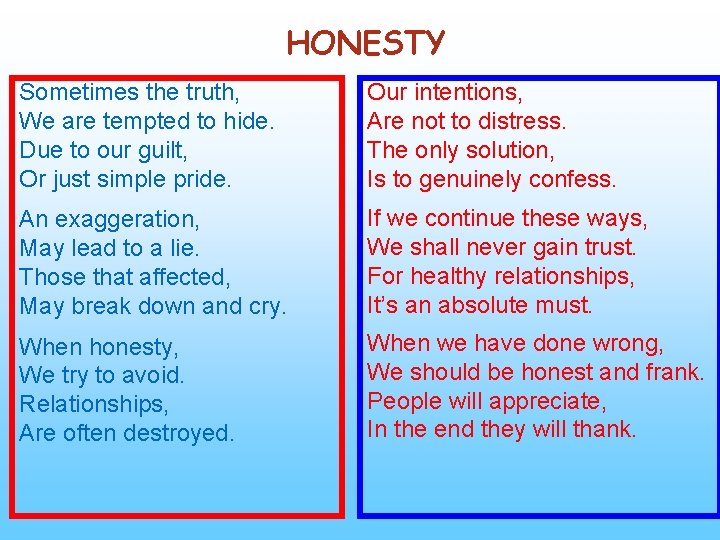 HONESTY Sometimes the truth, We are tempted to hide. Due to our guilt, Or