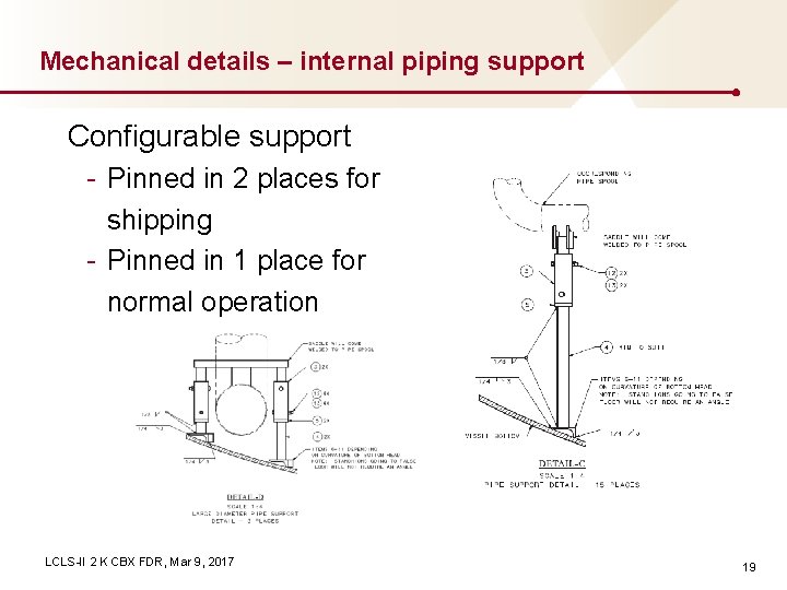 Mechanical details – internal piping support Configurable support - Pinned in 2 places for