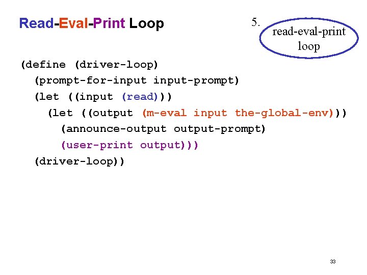 Read-Eval-Print Loop 5. read-eval-print loop (define (driver-loop) (prompt-for-input-prompt) (let ((input (read))) (let ((output (m-eval