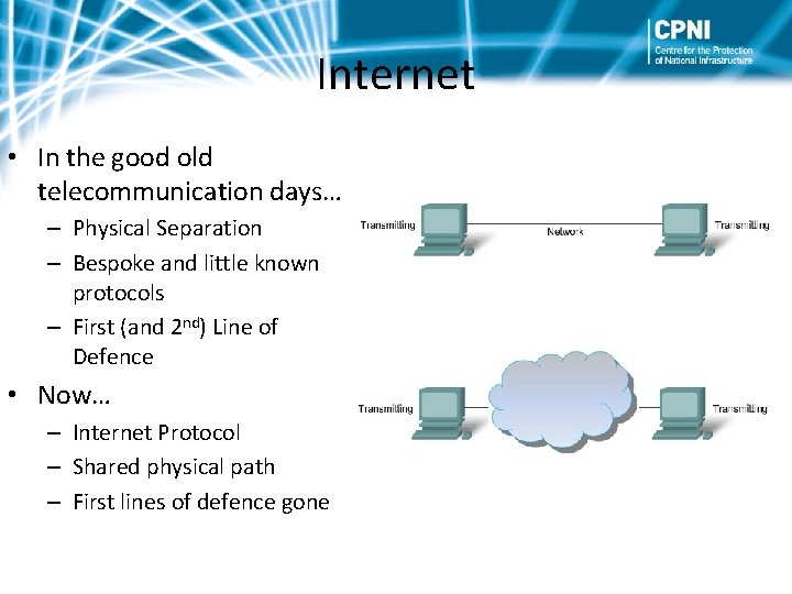 Internet • In the good old telecommunication days… – Physical Separation – Bespoke and