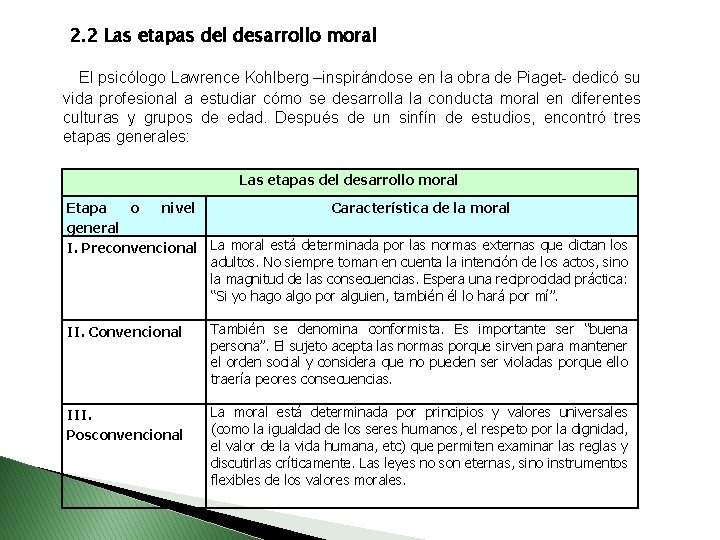 2. 2 Las etapas del desarrollo moral El psicólogo Lawrence Kohlberg –inspirándose en la