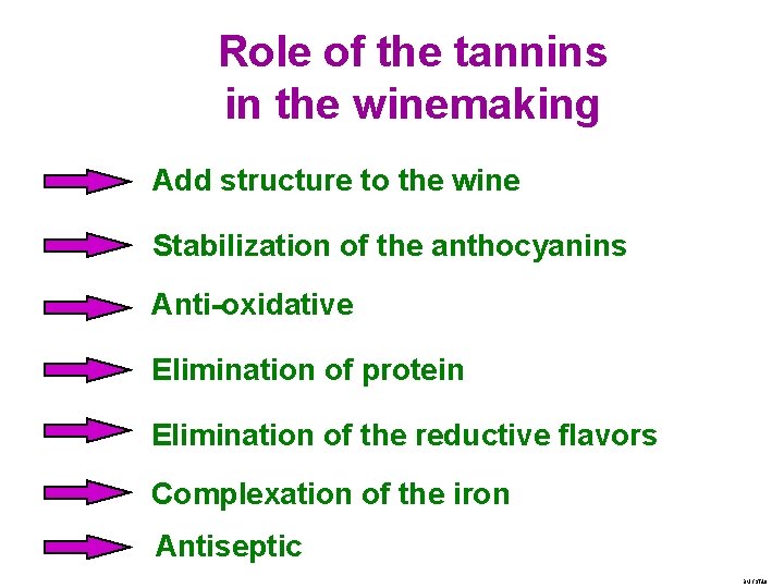 Role of the tannins in the winemaking Add structure to the wine Stabilization of
