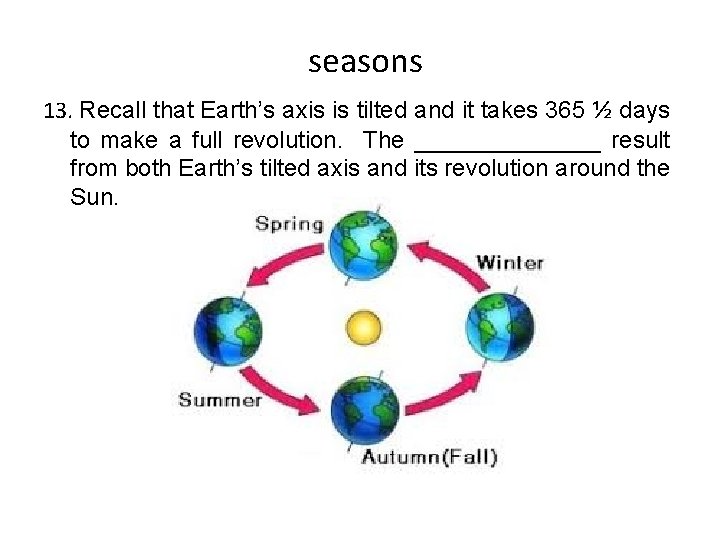 seasons 13. Recall that Earth’s axis is tilted and it takes 365 ½ days