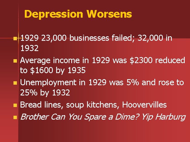 Depression Worsens 1929 23, 000 businesses failed; 32, 000 in 1932 n Average income