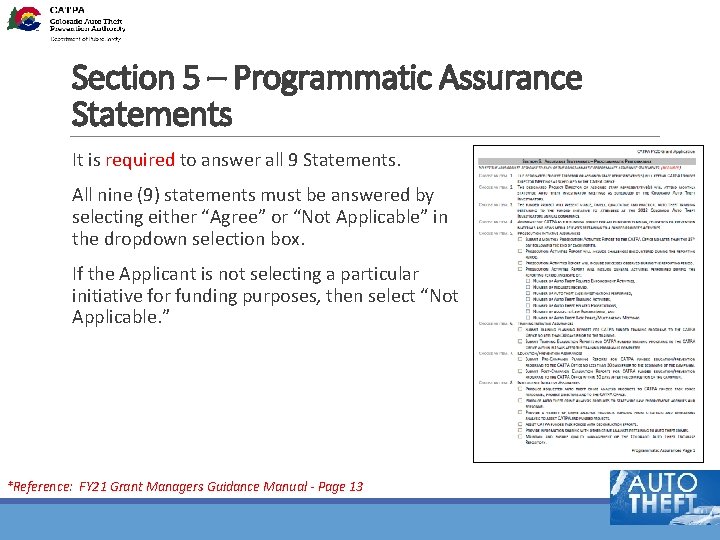 Section 5 – Programmatic Assurance Statements It is required to answer all 9 Statements.