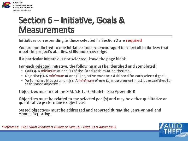 Section 6 – Initiative, Goals & Measurements Initiatives corresponding to those selected in Section