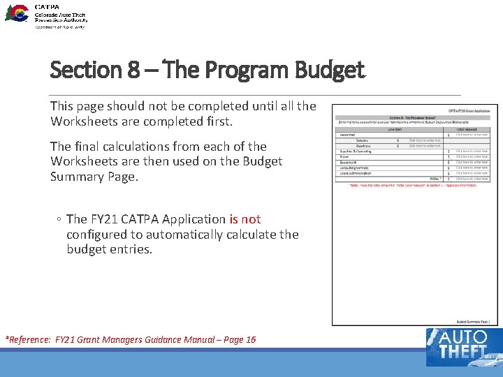 Section 8 – The Program Budget This page should not be completed until all