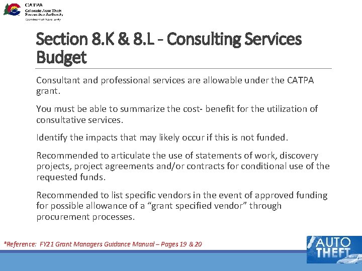 Section 8. K & 8. L - Consulting Services Budget Consultant and professional services