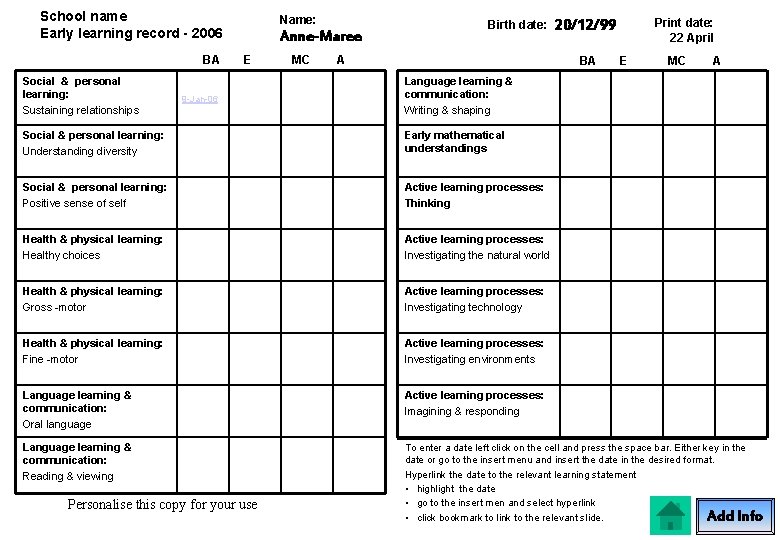 School name Early learning record - 2006 BA Social & personal learning: Sustaining relationships