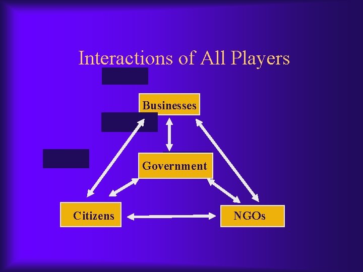 Interactions of All Players Businesses Government Citizens NGOs 