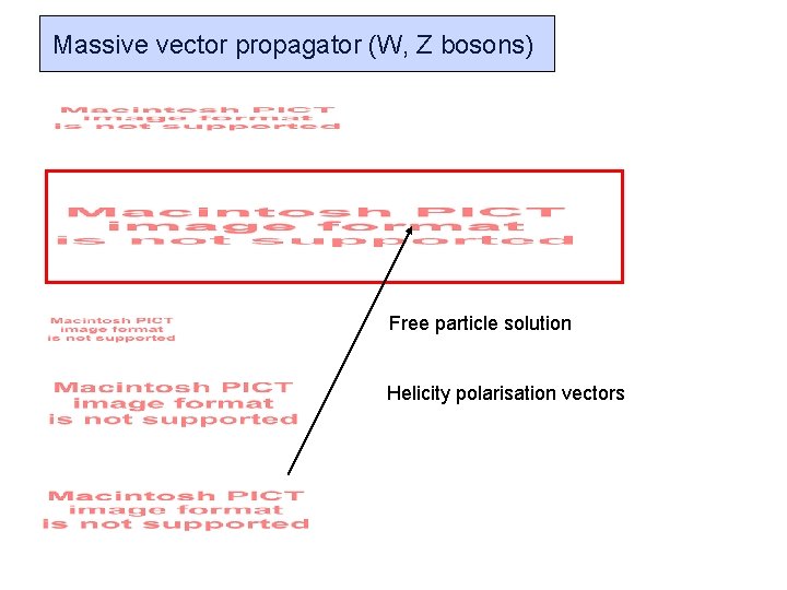 Massive vector propagator (W, Z bosons) Free particle solution Helicity polarisation vectors Massive vector propagator (W, Z bosons) Free particle solution Helicity polarisation vectors