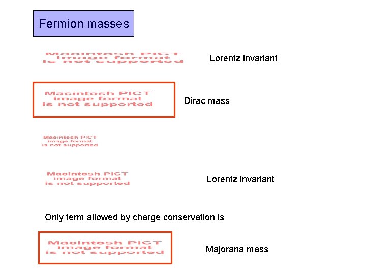 Fermion masses Lorentz invariant Dirac mass Lorentz invariant Only term allowed by charge conservation Fermion masses Lorentz invariant Dirac mass Lorentz invariant Only term allowed by charge conservation