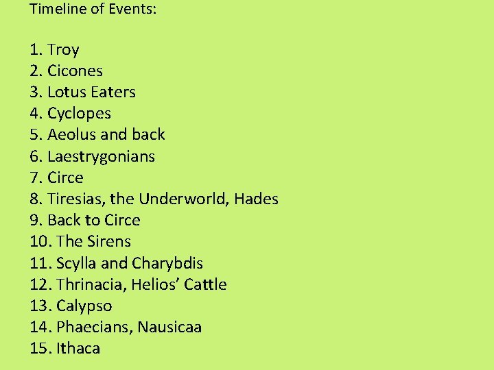 Timeline of Events: 1. Troy 2. Cicones 3. Lotus Eaters 4. Cyclopes 5. Aeolus