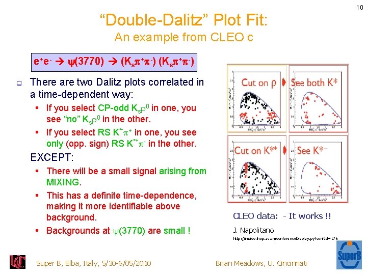 10 “Double-Dalitz” Plot Fit: An example from CLEO c e+e- (3770) (Ks + -)