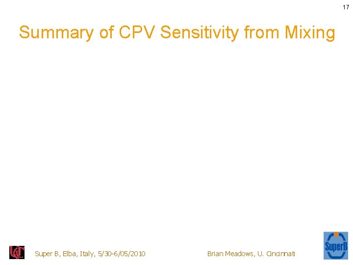 17 Summary of CPV Sensitivity from Mixing Super B, Elba, Italy, 5/30 -6/05/2010 Brian