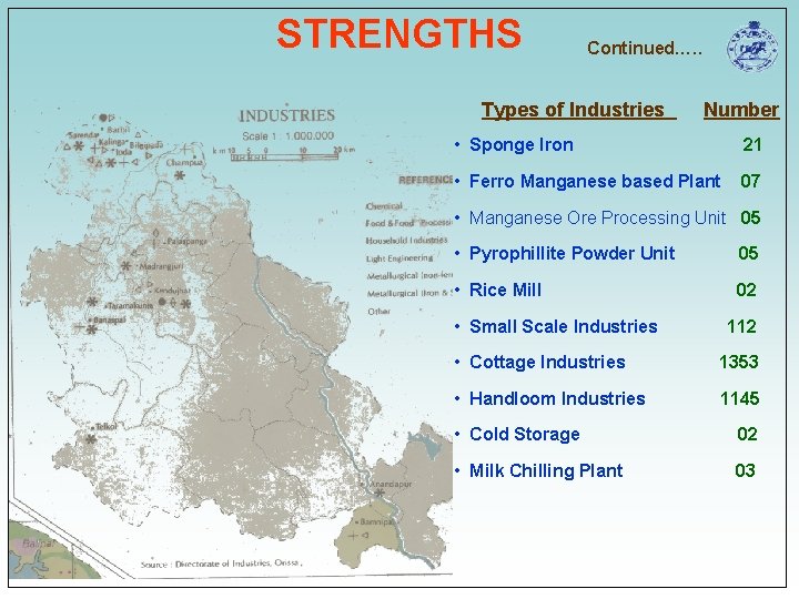 STRENGTHS Continued…. . Types of Industries Number • Sponge Iron 21 • Ferro Manganese STRENGTHS Continued…. . Types of Industries Number • Sponge Iron 21 • Ferro Manganese