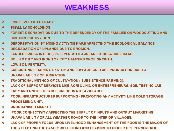 WEAKNESS v LOW LEVEL OF LITERACY. v SMALL LANDHOLDINGS. v FOREST DEGRADATION DUE TO WEAKNESS v LOW LEVEL OF LITERACY. v SMALL LANDHOLDINGS. v FOREST DEGRADATION DUE TO