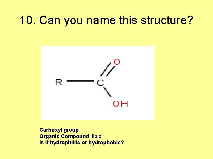 10. Can you name this structure? Carboxyl group Organic Compound: lipid Is it hydrophillic