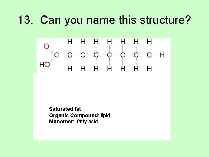 13. Can you name this structure? Saturated fat Organic Compound: lipid Monomer: fatty acid