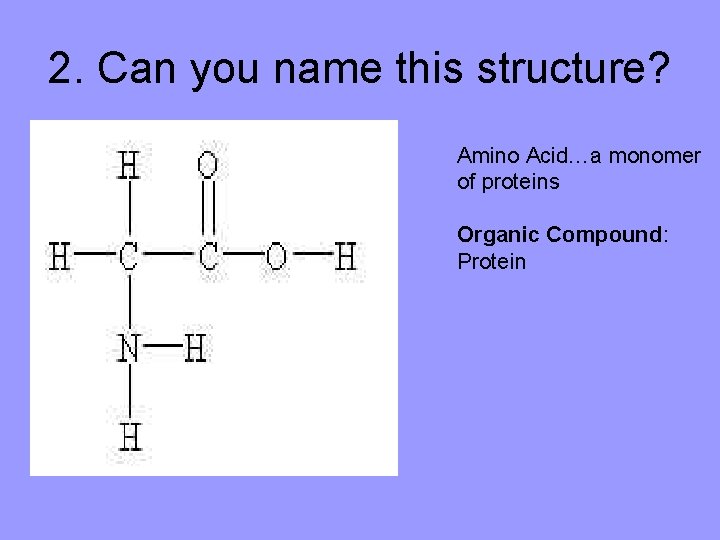 2. Can you name this structure? Amino Acid…a monomer of proteins Organic Compound: Protein