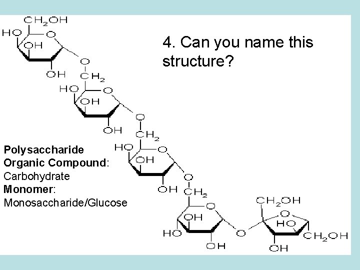 4. Can you name this structure? Polysaccharide Organic Compound: Carbohydrate Monomer: Monosaccharide/Glucose 