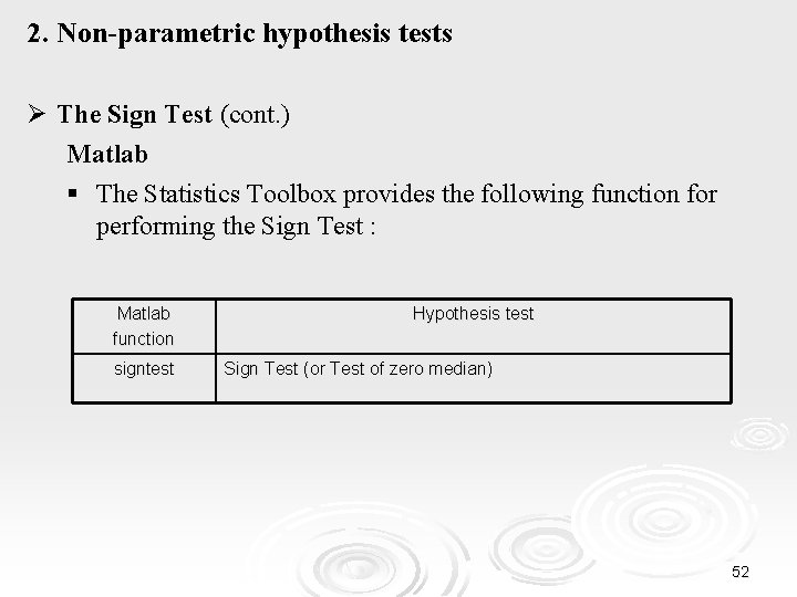 2. Non-parametric hypothesis tests Ø The Sign Test (cont. ) Matlab § The Statistics