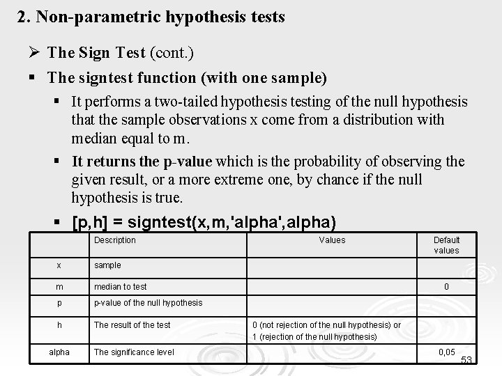 2. Non-parametric hypothesis tests Ø The Sign Test (cont. ) § The signtest function