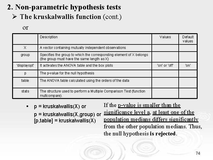2. Non-parametric hypothesis tests Ø The kruskalwallis function (cont. ) or Description X ‘on’