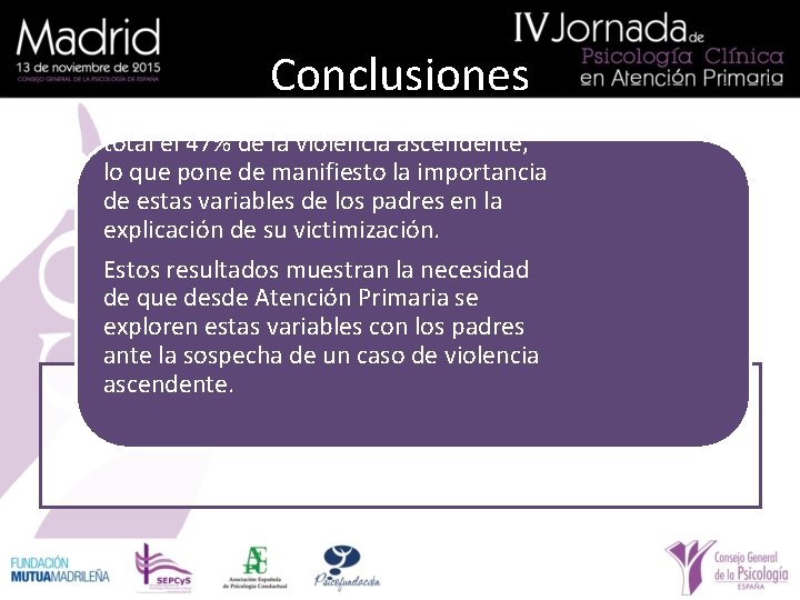 Conclusiones En conjunto estas variables predecían en total el 47% de la violencia ascendente,