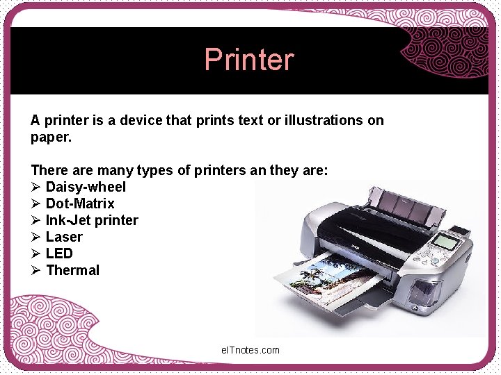 Printer A printer is a device that prints text or illustrations on paper. There