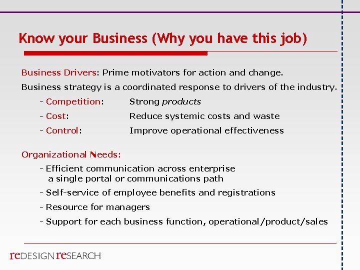 Know your Business (Why you have this job) Business Drivers: Prime motivators for action