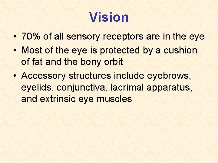 Vision • 70% of all sensory receptors are in the eye • Most of