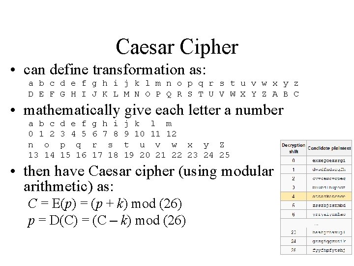 Caesar Cipher • can define transformation as: a b c d e f g