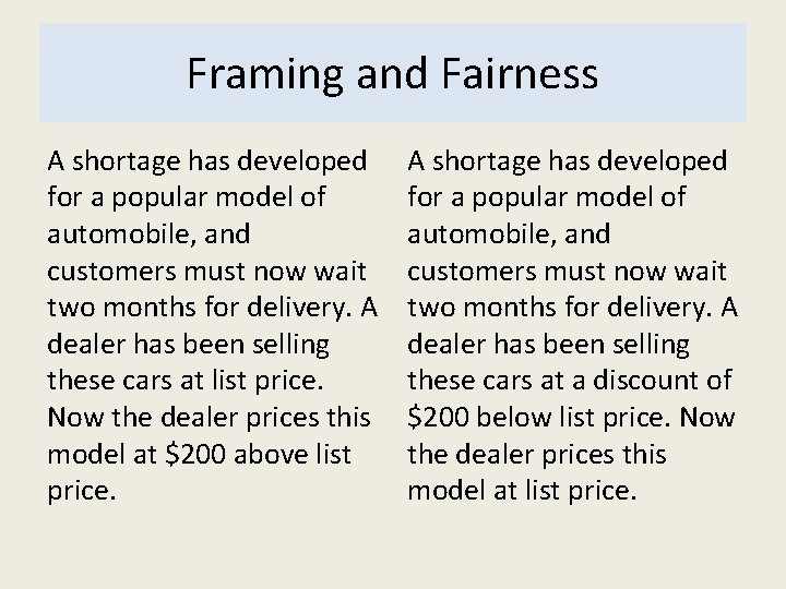 Framing and Fairness A shortage has developed for a popular model of automobile, and
