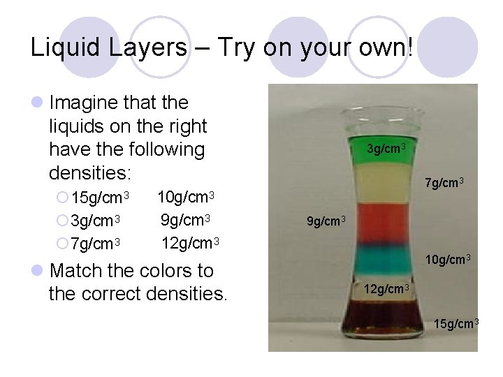 Liquid Layers – Try on your own! Imagine that the liquids on the right