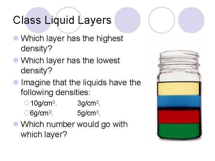 Class Liquid Layers Which layer has the highest density? Which layer has the lowest