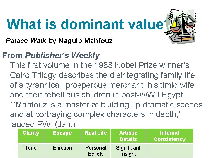 What is dominant value? Palace Walk by Naguib Mahfouz From Publisher's Weekly This first