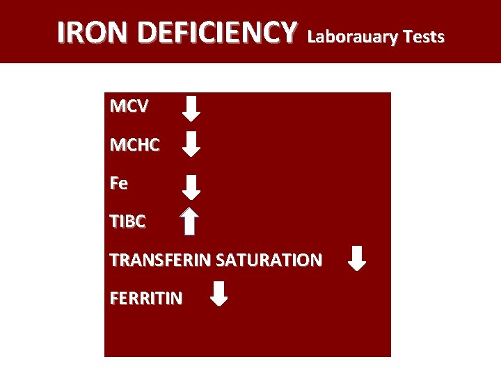 IRON DEFICIENCY Laborauary Tests MCV MCHC Fe TIBC TRANSFERIN SATURATION FERRITIN 