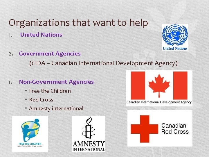 Organizations that want to help 1. United Nations 2. Government Agencies (CIDA – Canadian